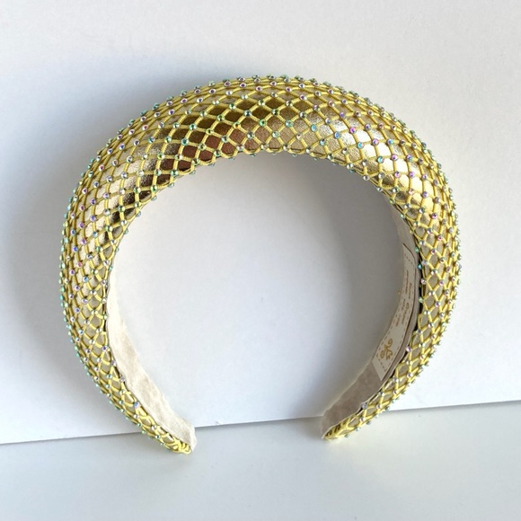Gold Padded 1.5” Headband with Rhinestone-Adorned Mesh Overlay Handmade - Picture 6 of 10